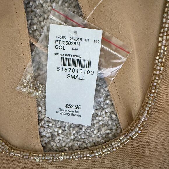 Buckle Sheer Mesh Lined Back Tie Tan Gold Beaded‎ Tank Top Size Small NWT - Picture 11 of 15